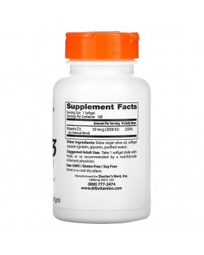 Doctor's Best, витамин D3, 50 мкг (2000 МЕ), 180 капсул